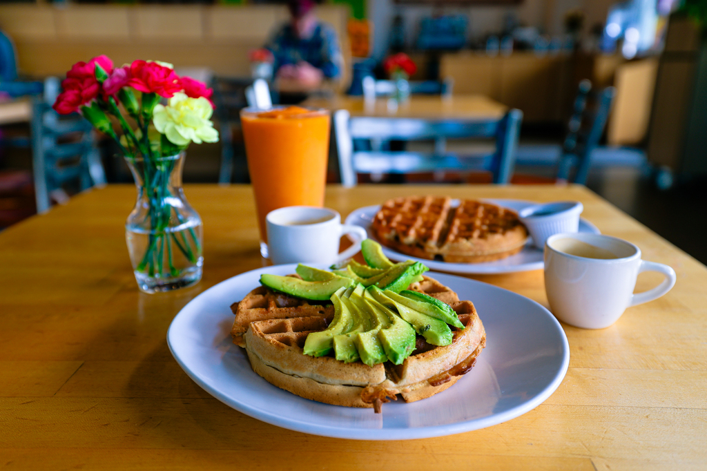 Breakfast at Green Source in Missoula Montana waffles and smoothie and espresso