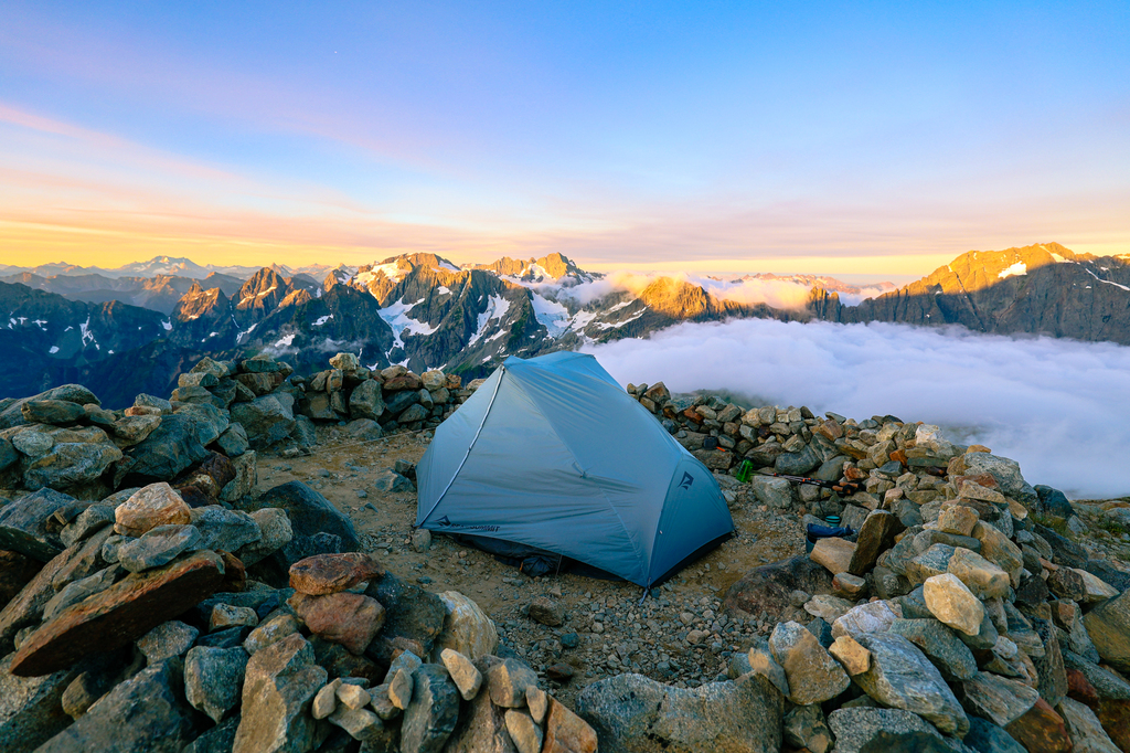 Ultralight backpacking tent Sea to Summit Alto tent at Sahale Glacier Camp