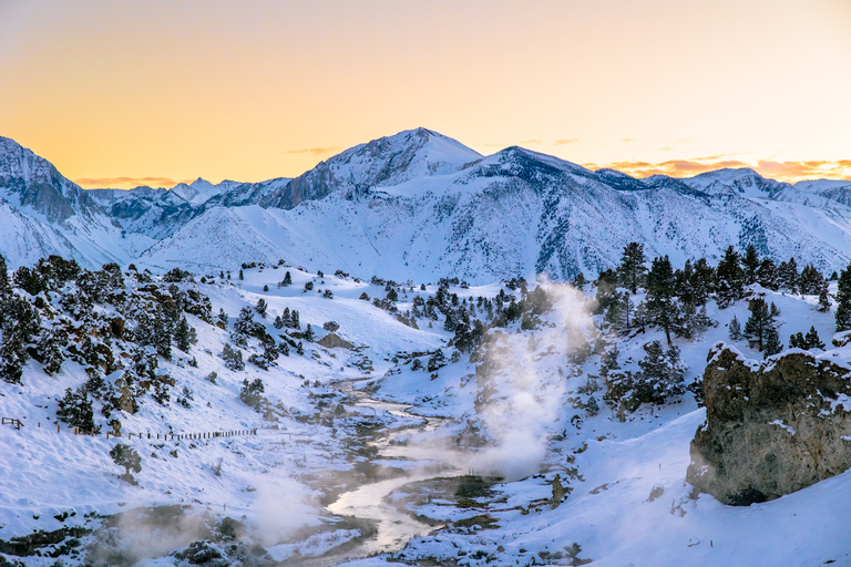 Ultimate highway 395 road trip hot creek geological site in winter with snow