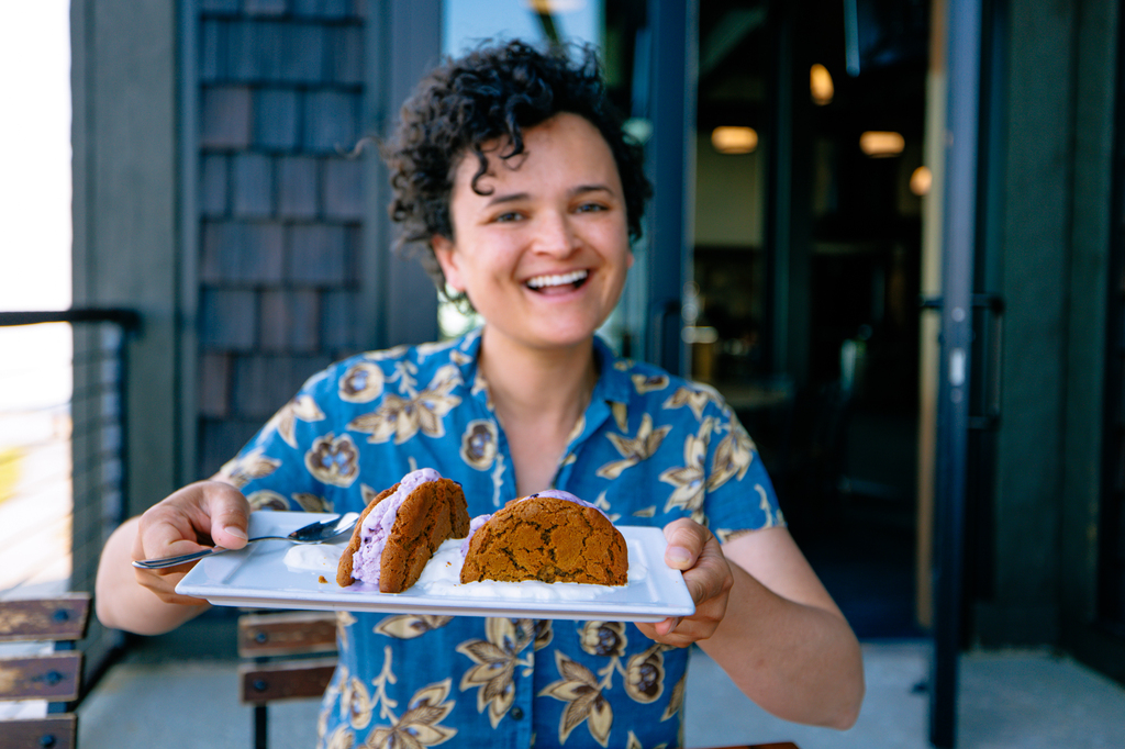 Homemade huckeberry and ginger cookie ice cream sandwich during summer at Schweitzer