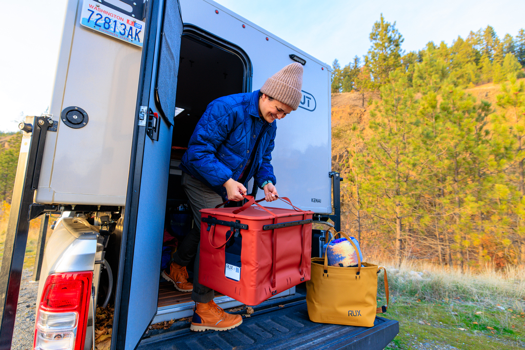 RUX 70L storage bin and bag. Waterproof outdoor gear storage for small homes and apartments and campers.